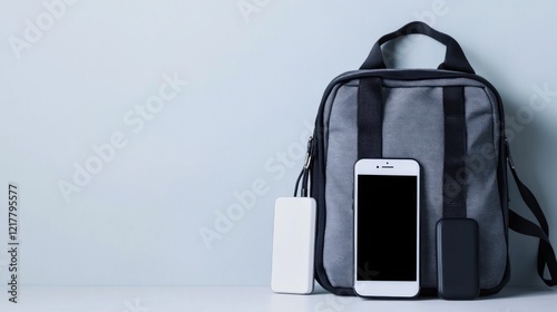 A gray bag with a smartphone and two power banks on a light background.