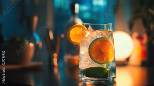 Refreshing citrus cocktail with lemon, lime, and ice in glass on bar photo