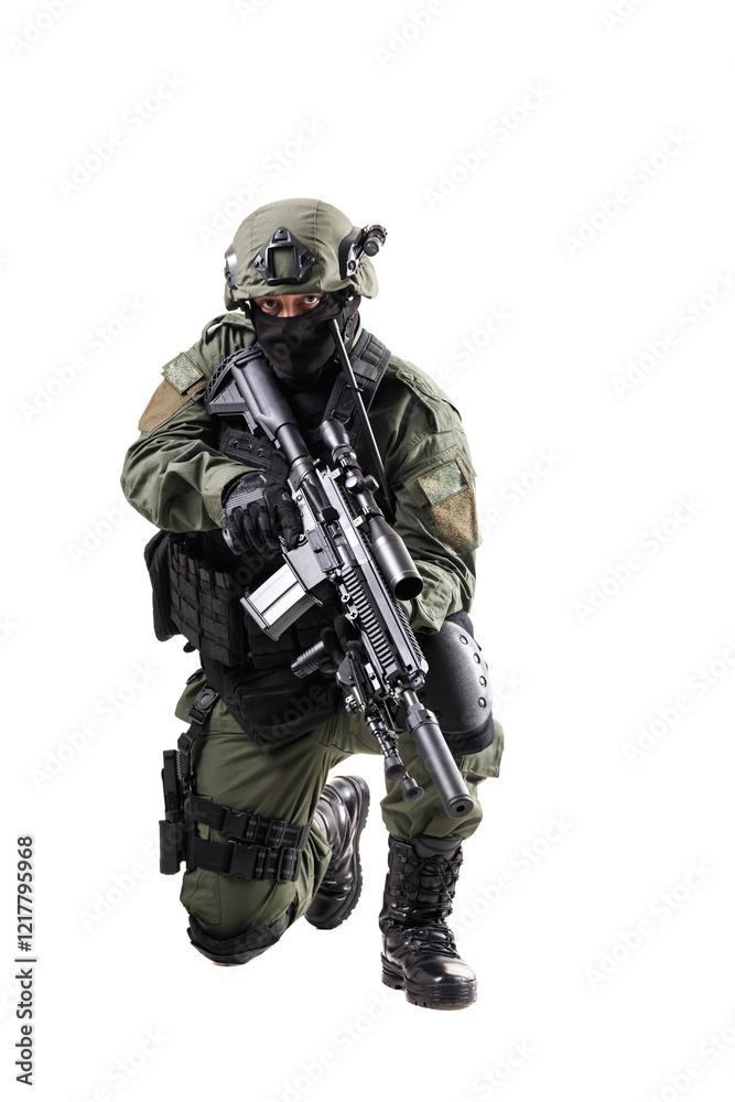 Armed Special Forces Operative Crouching in Tactical Gear on White Background Armed Special Forces Operative Crouching in Tactical Gear on White Background