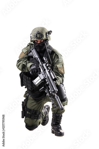 Armed Special Forces Operative Crouching in Tactical Gear on White Background