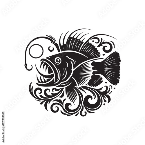 Black Color Anglerfish silhouette design Vector Illustration, Solid White Background (7).eps