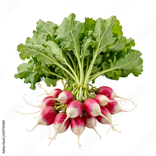 Fresh radishes with red skin white flesh and vibrant green leaves in a neat bundle