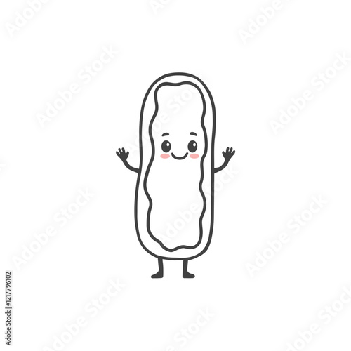 Happy cartoon eclair isolated on white background. Cute eclair in doodle style. Vector illustration