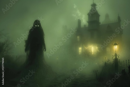 Shadowy specter arising from the misty haze on a spooky October evening.