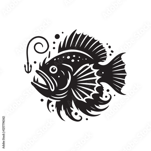 Black Color Anglerfish silhouette design Vector Illustration, Solid White Background (9).eps