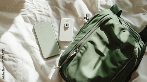 A green backpack, smartphone, and device on a bed, suggesting travel or daily use.