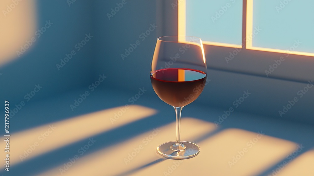   A glass of wine sits on a table, basking in the sunlight streaming through the window panes