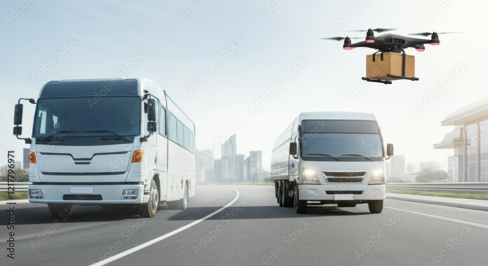 White truck with a box on top of it is flying in the air White truck with a box on top of it is flying in the air