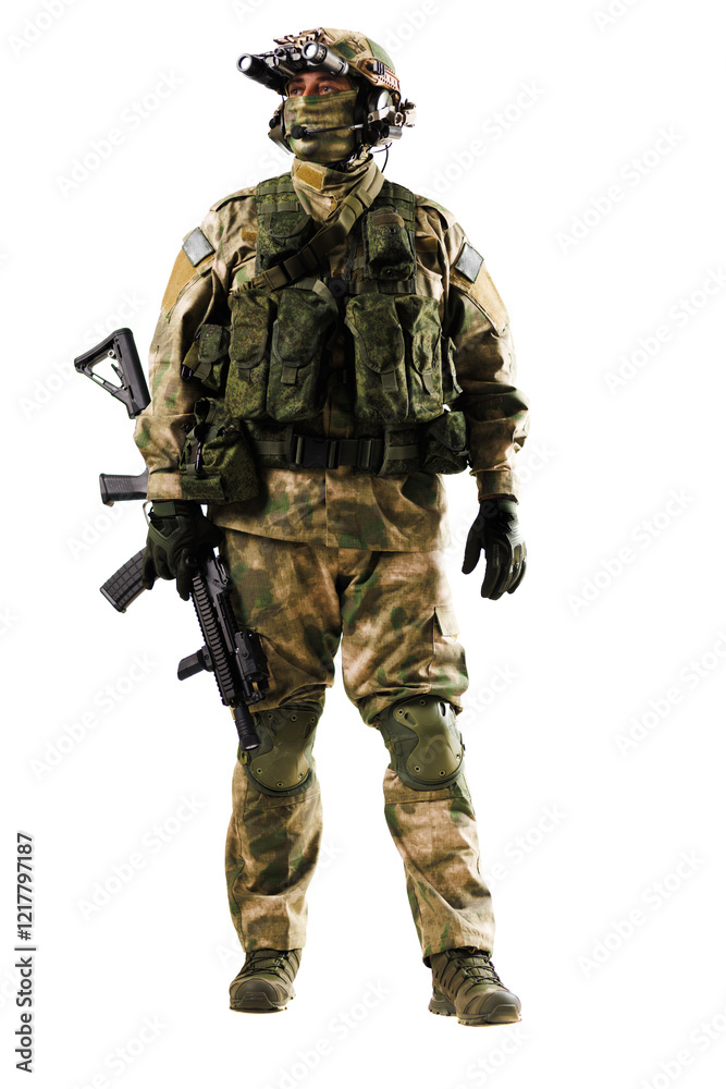 Armed soldier in tactical gear with camouflage uniform and equipment on white background Armed soldier in tactical gear with camouflage uniform and equipment on white background