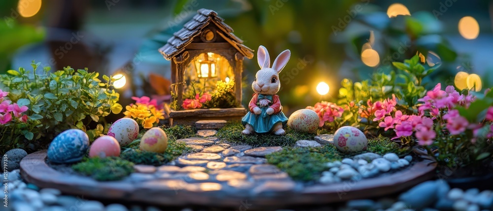 Naklejka premium A charming garden scene featuring a small house, a rabbit, and a decorative rabbit figurine, perfect for celebrating Easter.