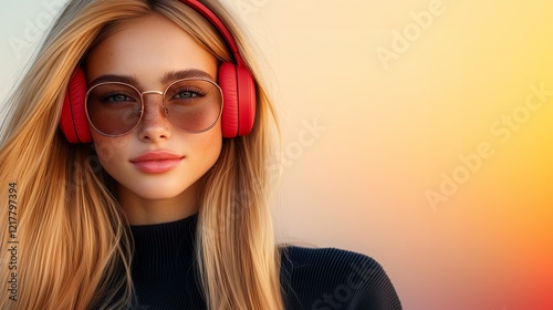 A fashionable young woman enjoys music with vibrant red headphones against a colorful sunset backdrop. She showcases her long hair and trendy sunglasses in a relaxed setting.