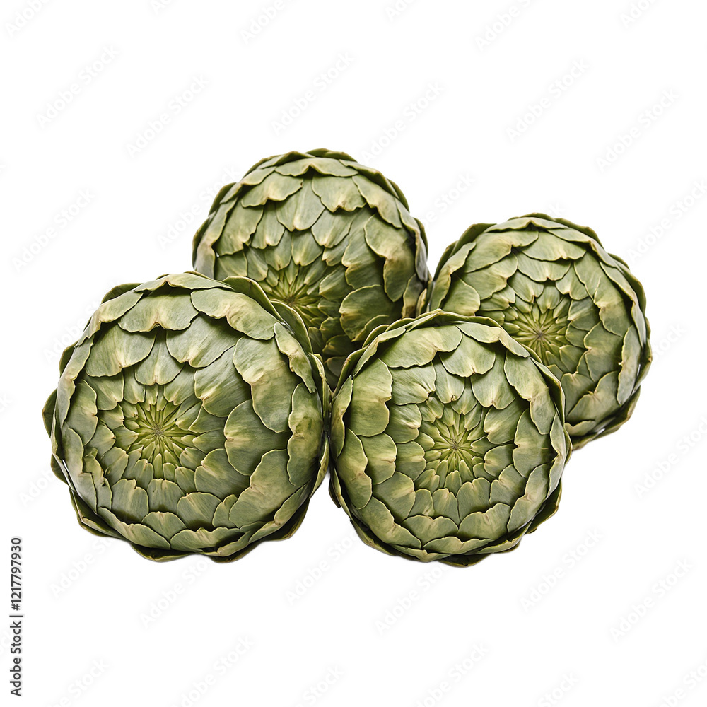 Fototapeta premium Fresh artichokes with layered green leaves on white background