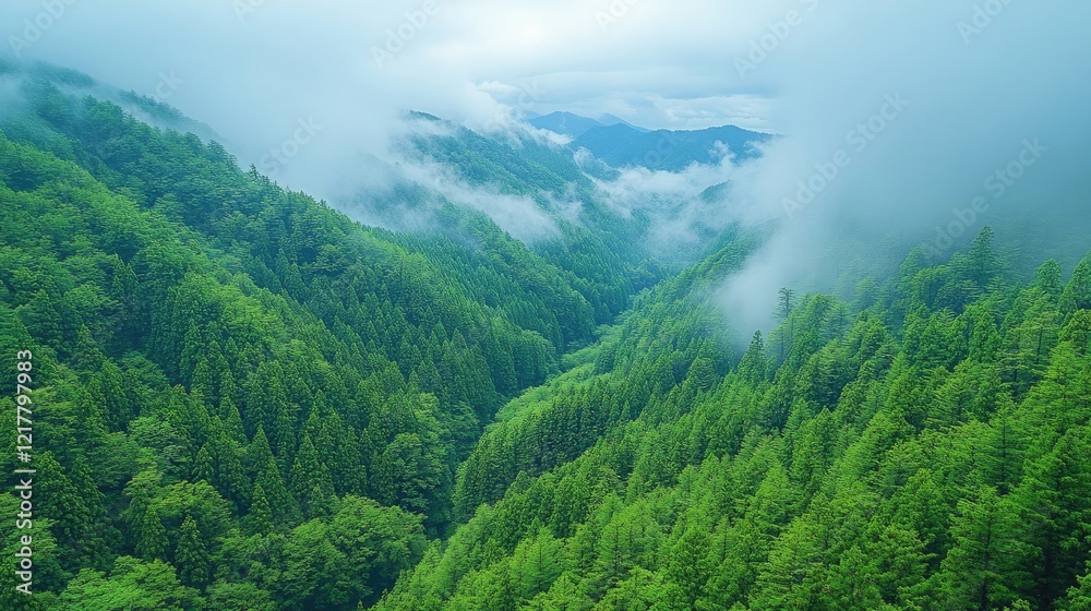Lush Green Forest Valley Shrouded in Misty Clouds Generative AI Lush Green Forest Valley Shrouded in Misty Clouds Generative AI