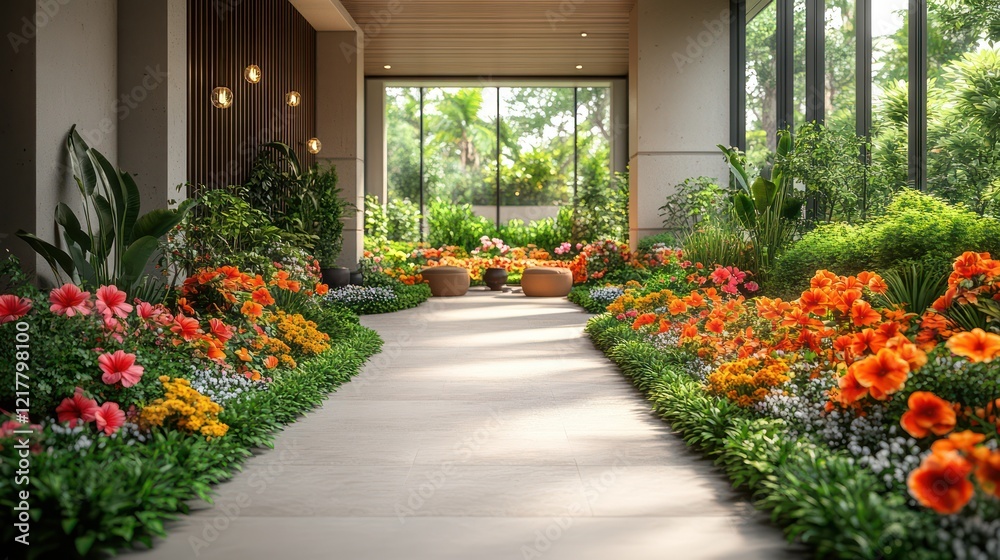 Naklejka premium Serene Indoor Garden Path: A Tranquil Oasis of Vibrant Blooms and Lush Greenery