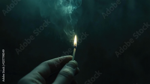A hand holding a lit matchstick against a dark background with smoke rising.
