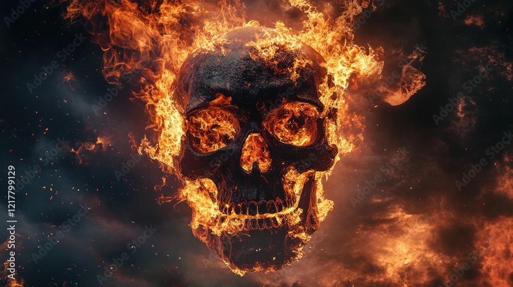 A fiery skull surrounded by flames against a dark, smoky background. A fiery skull surrounded by flames against a dark, smoky background.