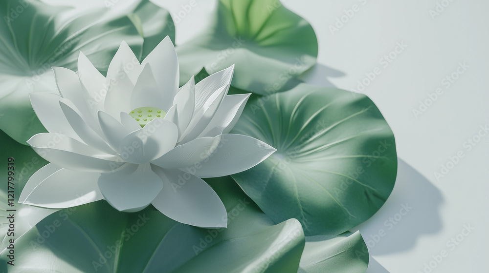 Obraz premium White lotus flower surrounded by green leaves on soft light background