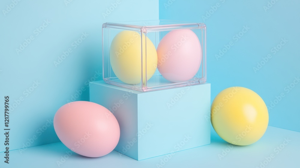 Fototapeta premium Three colorful eggs are displayed in a transparent box resting on a vibrant blue surface, symbolizing Easter celebration.