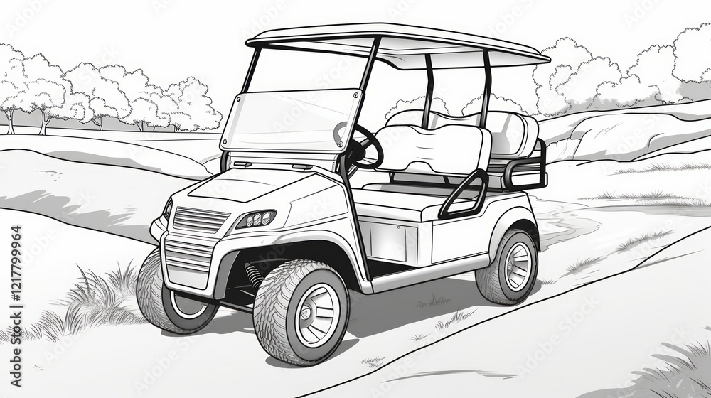 Obraz premium Black and white golf cart illustration on path. Neural network AI generated
