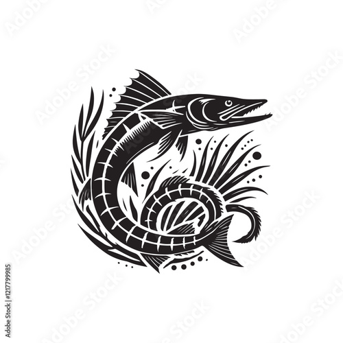 Black Color Barracuda silhouette design Vector Illustration, Solid White Background (16).eps