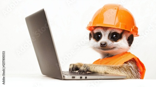 A cute meerkat wearing a construction helmet and vest types on a laptop, blending the themes of work and play in a humorous way.