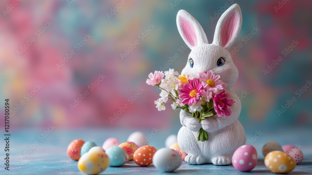 A small white bunny holds a colorful bouquet of flowers, symbolizing Easter joy and renewal. A small white bunny holds a colorful bouquet of flowers, symbolizing Easter joy and renewal.