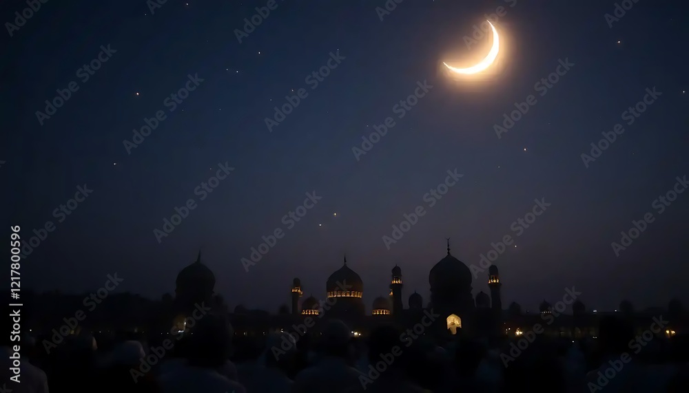 Obraz premium Crescent Moon Lights Mosque At Night With People