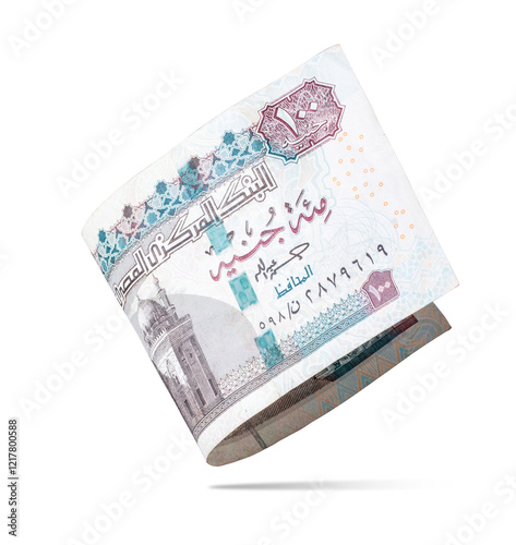 Egyptian 100LE Banknotes Flying on a White Background, Financial and Economic Concept