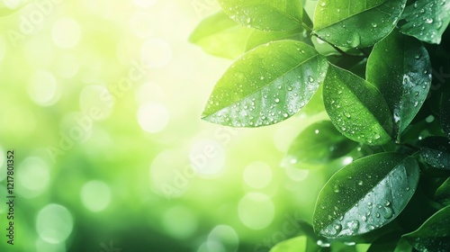 A close-up of fresh green leaves covered in sparkling morning dew, with sunlight filtering through the foliage, creating a vibrant and refreshing atmosphere.