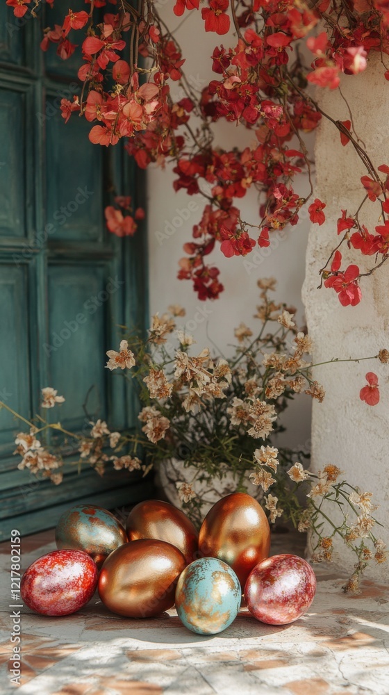 Fototapeta premium Festive Easter arrangement with collectible decorative eggs and seasonal flowers on an exquisite background. Ideal template for professional marketing.