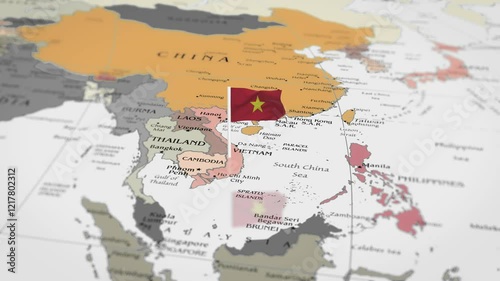 The camera rotating around  vietnam, on the world map takes the focus. The vietnam flag is waving. vietnam flag waving on the map 4K Animation.