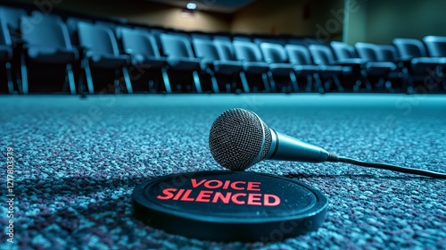 A close-up of a microphone lying on a carpeted floor beside a prominently displayed sign reading 'VOICE SILENCED'.
