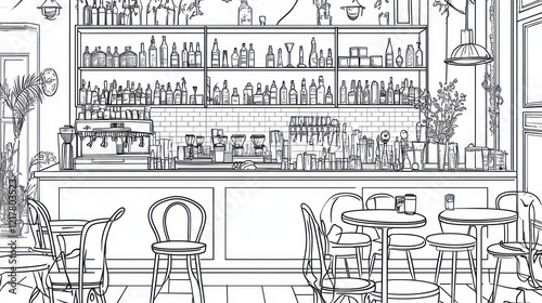 Cafe interior sketch, bar, plants, tables, chairs. Possible use coloring book, design inspiration photo