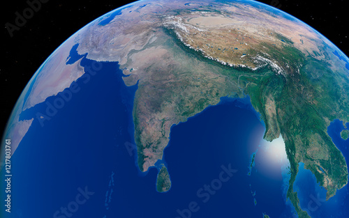 Detailed satellite view of south asia's terrain and ocean