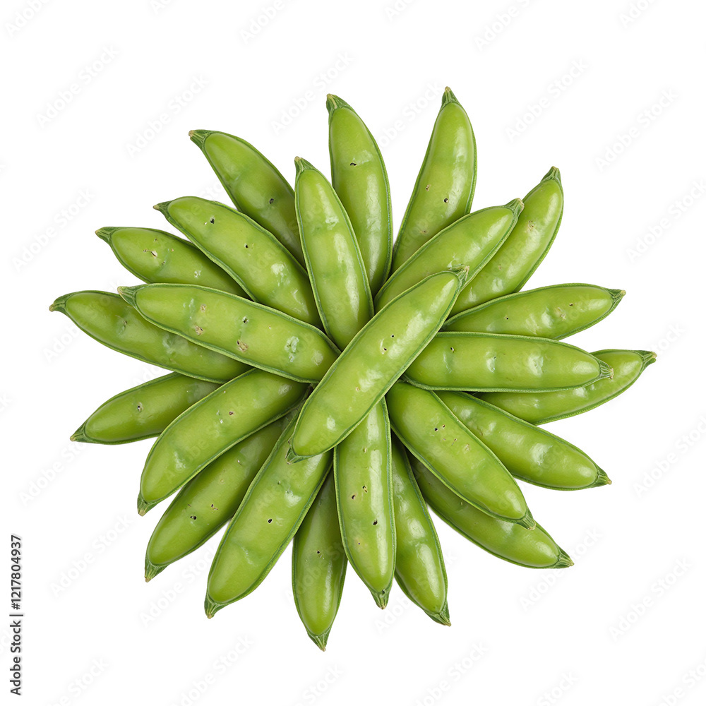 Fresh snow peas arranged symmetrically vibrant green pods on a white surface Fresh snow peas arranged symmetrically vibrant green pods on a white surface