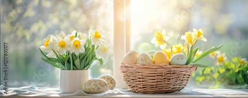 Elegant Easter composition with artisanal decorated eggs and fresh spring flowers on a trendy background. Perfect for social media marketing and business. photo