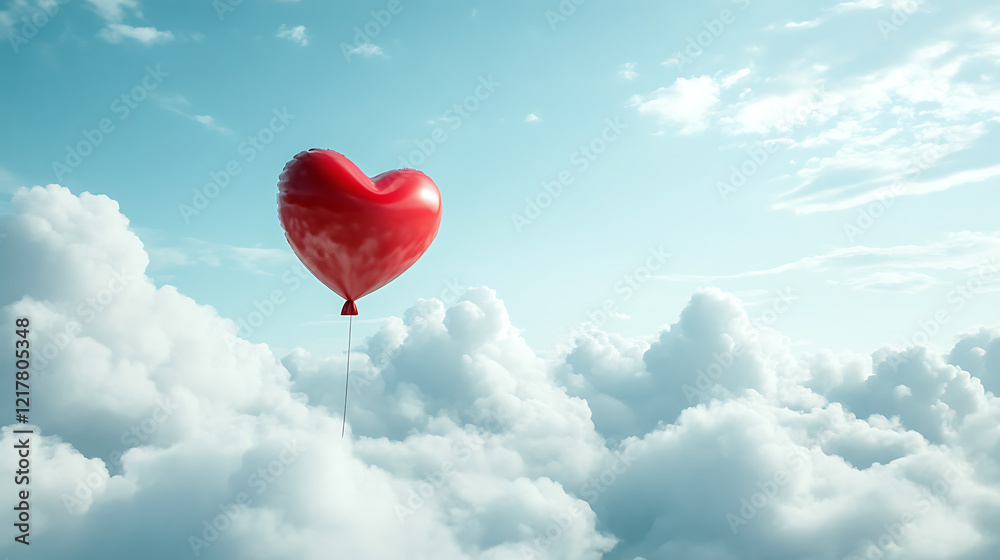 A heart-shaped balloon floating through the clouds, isolated on white background in HD A heart-shaped balloon floating through the clouds, isolated on white background in HD