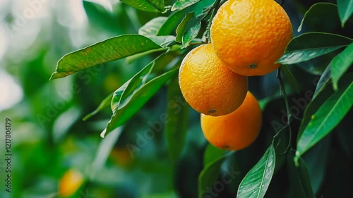 Wallpaper Mural Fresh oranges hanging from vibrant green leaves in a sunny orchard during harvest season Torontodigital.ca