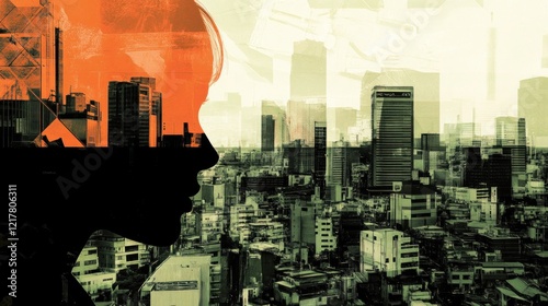 A silhouette of a person against a layered cityscape, blending urban and human elements.