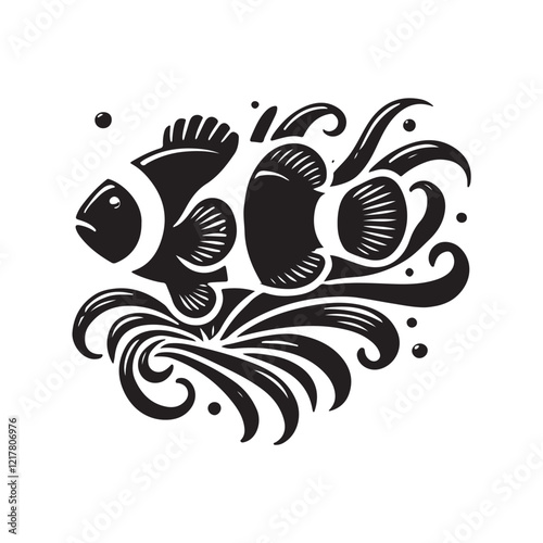 Black Color Clownfish silhouette design Vector Illustration, Solid White Background (6).eps