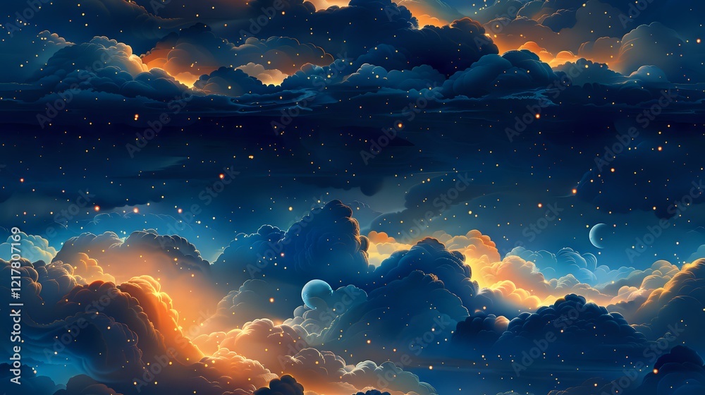 Fototapeta premium Magical night sky with glowing orange and blue clouds, crescent moon and twinkling stars. Perfect for fantasy backgrounds, book covers, or dreamy celestial designs.
