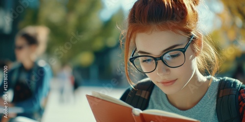 Student Life - Reading on a Campus Bench photo