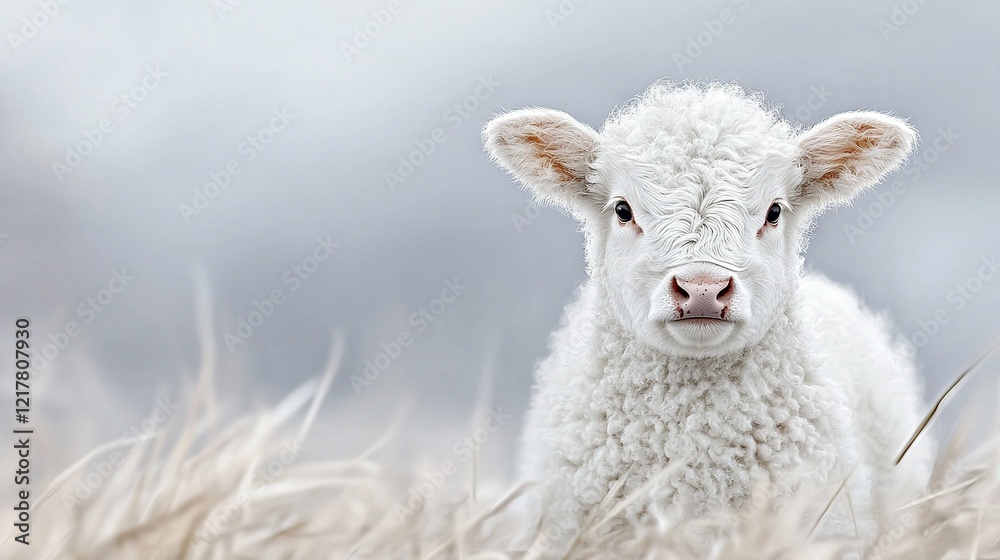 Fototapeta premium A sheep in a field of tall grass, with a cloudy sky in the background