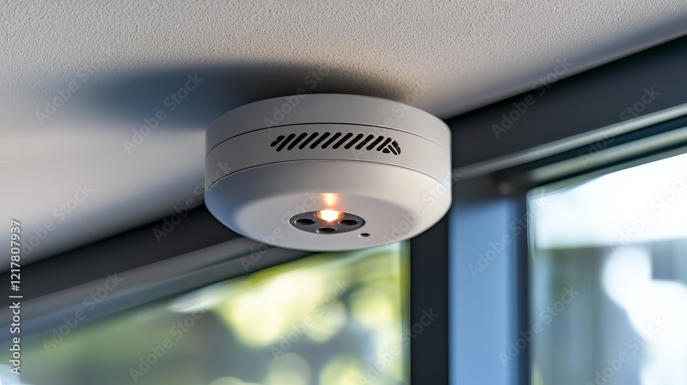 A sleek white smoke detector mounted on the ceiling, with a soft red light indicating its operational status. A sleek white smoke detector mounted on the ceiling, with a soft red light indicating its operational status.