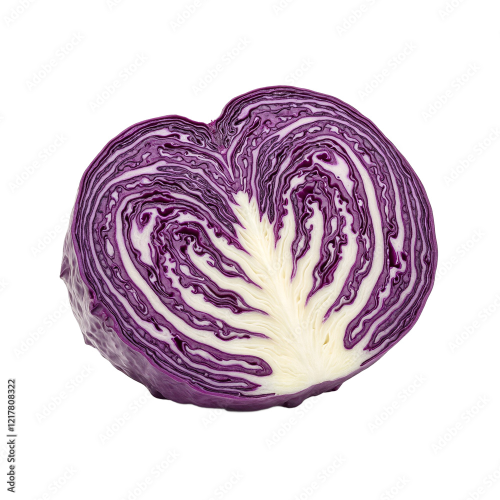 Fototapeta premium Fresh purple cabbage sliced to reveal intricate layers on white background
