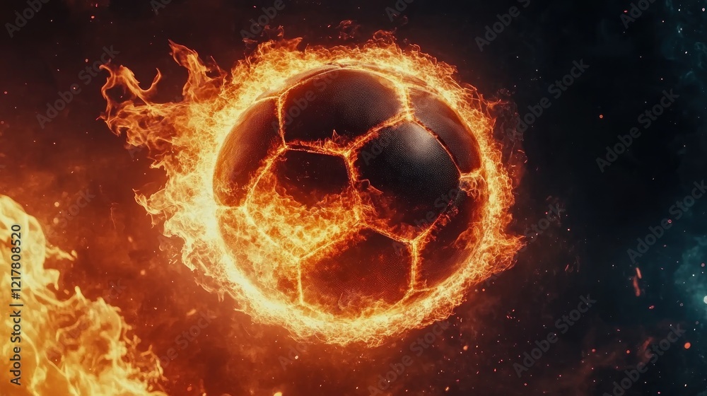 A fiery soccer ball surrounded by flames, symbolizing passion for the sport. A fiery soccer ball surrounded by flames, symbolizing passion for the sport.