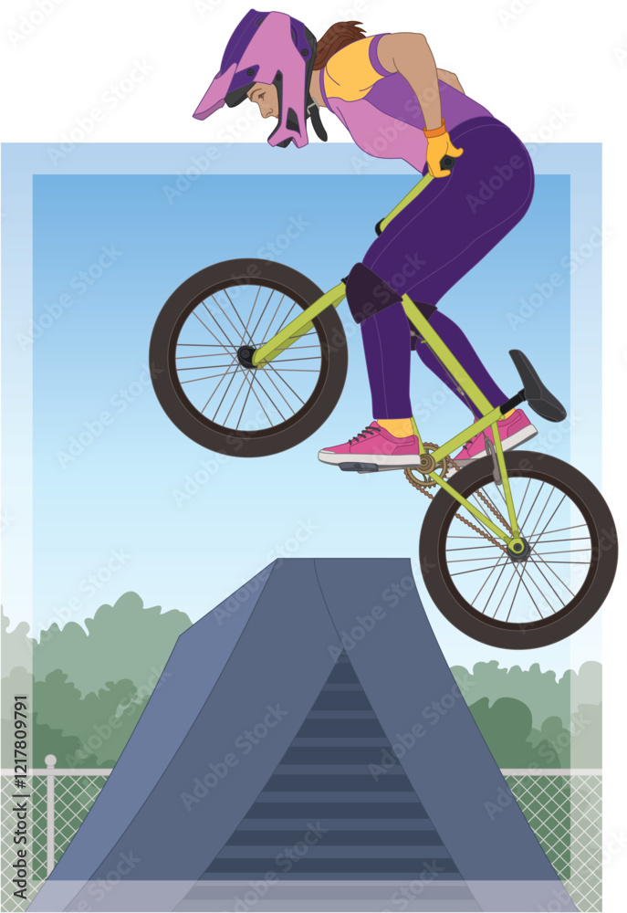 Naklejka premium bmx motocross extreme sport, freestyle female cyclist in mid air jumping over ramp with an outdoor sky background