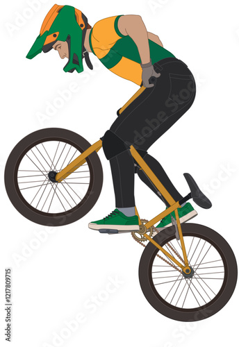 bmx motocross extreme sport, freestyle male cyclist in mid air isolated on a white background