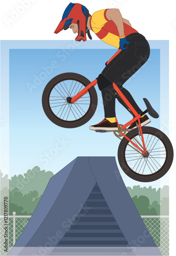 bmx motocross extreme sport, freestyle male cyclist in mid air jumping over ramp with an outdoor sky background