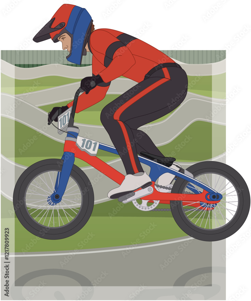 Fototapeta premium bmx motocross extreme sport, racing male cyclist air borne on single-lap circuit with track in the background